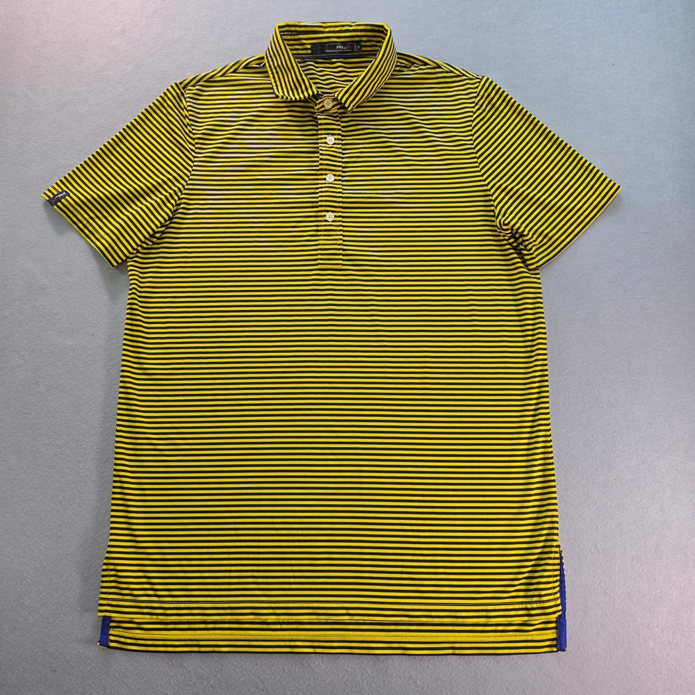 RLX Ralph Lauren Mens Yellow Navy Striped Golf Polo Shirt Size M Short Sleeve